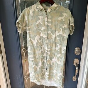100% linen camo size small button down baggy dress short sleeves midi knee